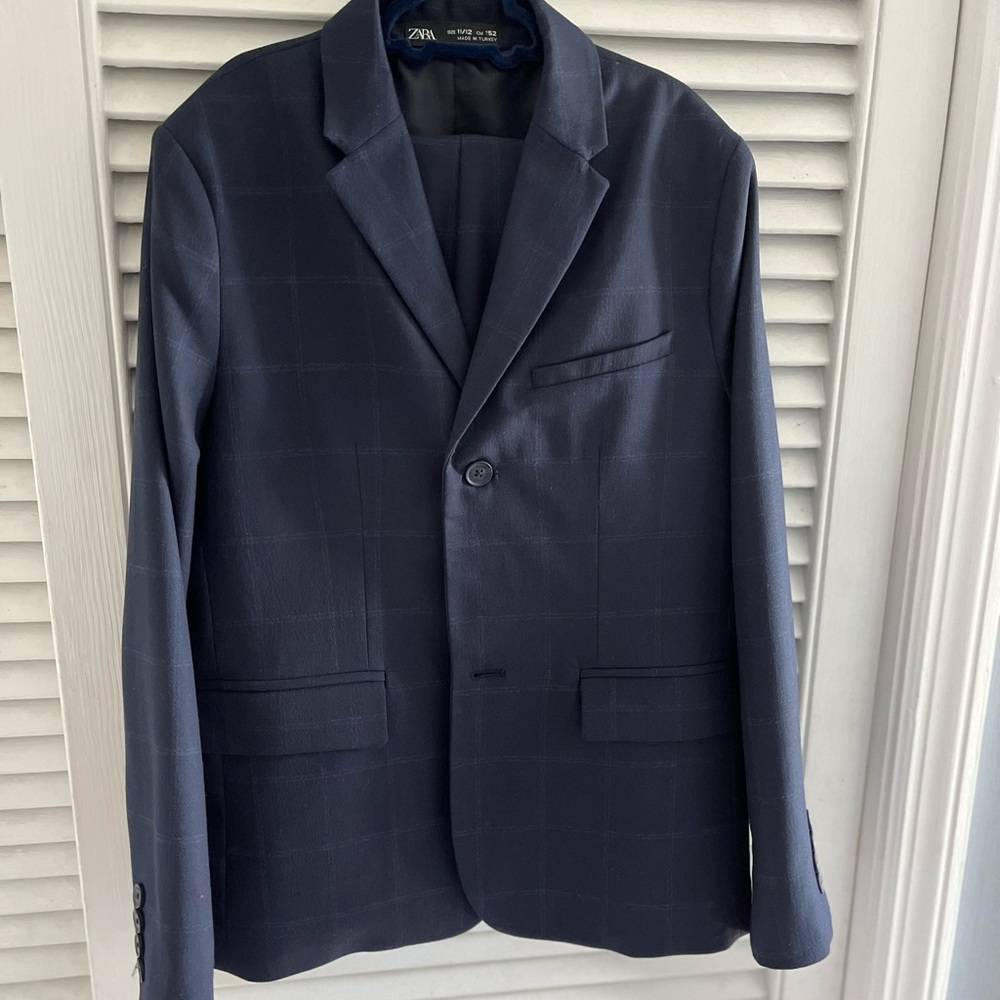 ZARA Boys (11/12) 2- piece Checkered Suit, Navy Blue with Royal Blue Checks